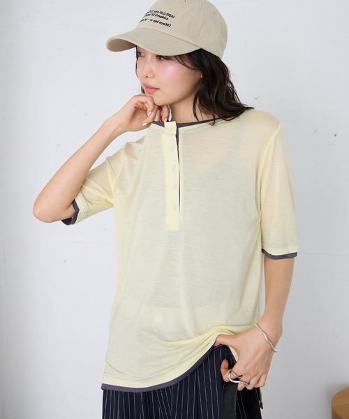 forksy.(フォルクシー)の「【forksy.】<エブリデイシリーズ>クールシアー 配色 ヘンリーネック Tシャツ / 接触冷感(Tシャツ/カットソー・レディース・杢グレー/ピンク/イエロー/オフホワイト/ブラウン/ブラック/ライトブルー・FREE)」の6枚目の写真