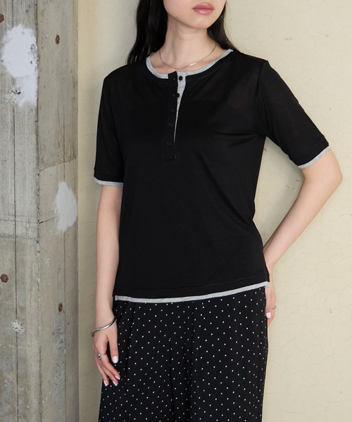 forksy.(フォルクシー)の「【forksy.】<エブリデイシリーズ>クールシアー 配色 ヘンリーネック Tシャツ / 接触冷感(Tシャツ/カットソー・レディース・杢グレー/ピンク/イエロー/オフホワイト/ブラウン/ブラック/ライトブルー・FREE)」の1枚目の写真
