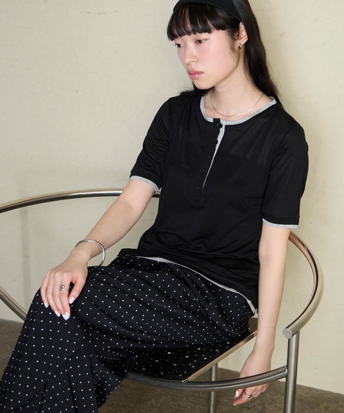 forksy.(フォルクシー)の「【forksy.】<エブリデイシリーズ>クールシアー 配色 ヘンリーネック Tシャツ / 接触冷感(Tシャツ/カットソー・レディース・杢グレー/ピンク/イエロー/オフホワイト/ブラウン/ブラック/ライトブルー・FREE)」の17枚目の写真