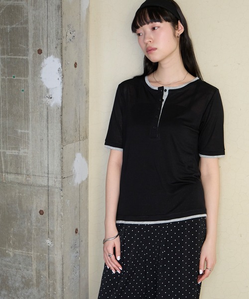 forksy.(フォルクシー)の「【forksy.】<エブリデイシリーズ>クールシアー 配色 ヘンリーネック Tシャツ / 接触冷感(Tシャツ/カットソー・レディース・杢グレー/ピンク/イエロー/オフホワイト/ブラウン/ブラック/ライトブルー・FREE)」の18枚目の写真
