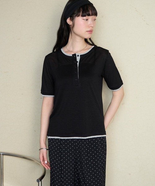 forksy.(フォルクシー)の「【forksy.】<エブリデイシリーズ>クールシアー 配色 ヘンリーネック Tシャツ / 接触冷感(Tシャツ/カットソー・レディース・杢グレー/ピンク/イエロー/オフホワイト/ブラウン/ブラック/ライトブルー・FREE)」の19枚目の写真