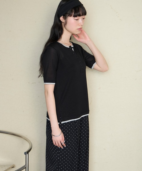 forksy.(フォルクシー)の「【forksy.】<エブリデイシリーズ>クールシアー 配色 ヘンリーネック Tシャツ / 接触冷感(Tシャツ/カットソー・レディース・杢グレー/ピンク/イエロー/オフホワイト/ブラウン/ブラック/ライトブルー・FREE)」の20枚目の写真
