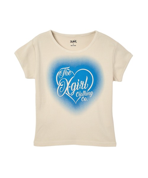 X-girl（エックスガール）の「FADED HEART SPRAY LOGO S/S BABY TEE（Tシャツ/カットソー・レディース・オフホワイト/ブラック/カモフラージュ・ONE SIZE）」の11枚目の写真