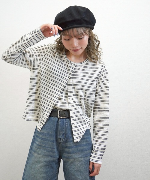 gossara(ゴサラ)の「【嬉しいセットアイテム】ボーダーキャミ付きカーディガン(カーディガン/ボレロ・レディース・オフホワイト/グレー/ネイビー・FREE)」の3枚目の写真
