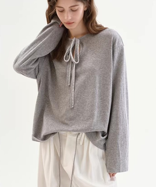 Fano Studios（ファノ ストゥディオズ）の「配色ステッチ リボン ロングスリーブトップス FC26S141【Fano Studios】【2026SS】（Tシャツ/カットソー・レディース・グレー・S/M/L）」の6枚目の写真