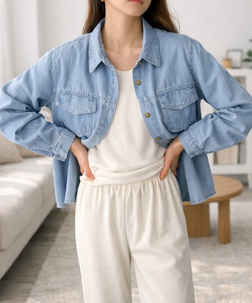 Amulet(アミュレット)の「さわやかな色合いでコーデを明るく! デニム風ベーシックシャツ(シャツ/ブラウス・レディース・ブルー/ライトブルー・XL/L/M/S)」の8枚目の写真