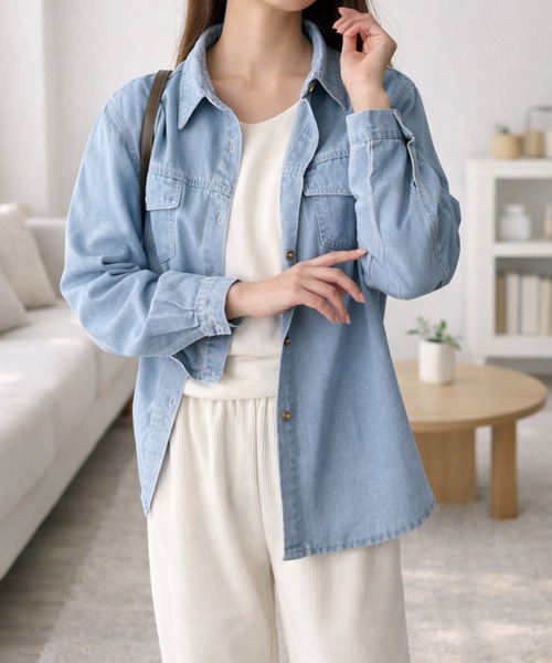 Amulet(アミュレット)の「さわやかな色合いでコーデを明るく! デニム風ベーシックシャツ(シャツ/ブラウス・レディース・ブルー/ライトブルー・XL/L/M/S)」の9枚目の写真