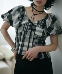 LAULEN | check balloon sleeve blouse /チェック柄バルーンスリーブ半袖ブラウス(シャツ/ブラウス)