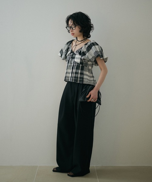 LAULEN（ローレン）の「check balloon sleeve blouse /チェック柄バルーンスリーブ半袖ブラウス（シャツ/ブラウス・レディース・ブラック×ホワイト・FREE）」の12枚目の写真