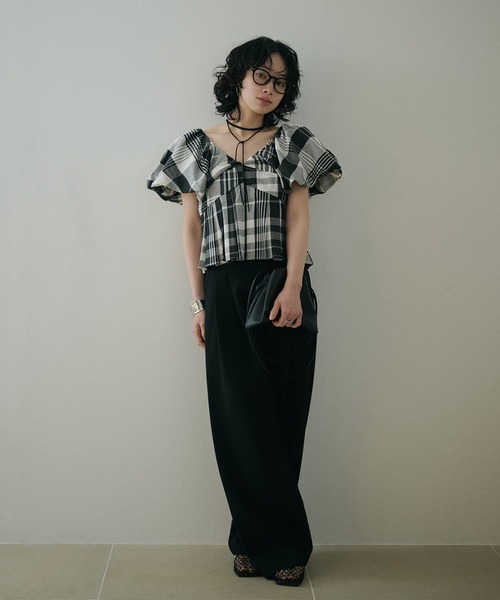 LAULEN（ローレン）の「check balloon sleeve blouse /チェック柄バルーンスリーブ半袖ブラウス（シャツ/ブラウス・レディース・ブラック×ホワイト・FREE）」の15枚目の写真