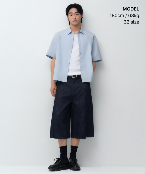 MUSINSA STANDARD（ムシンサスタンダード）の「リネンライクロングバミューダデニムパンツ[ディープインディゴ]（デニムパンツ・メンズ・その他・26/27/28/29/30/31/32/33/34/36/38/40/42）」の2枚目の写真