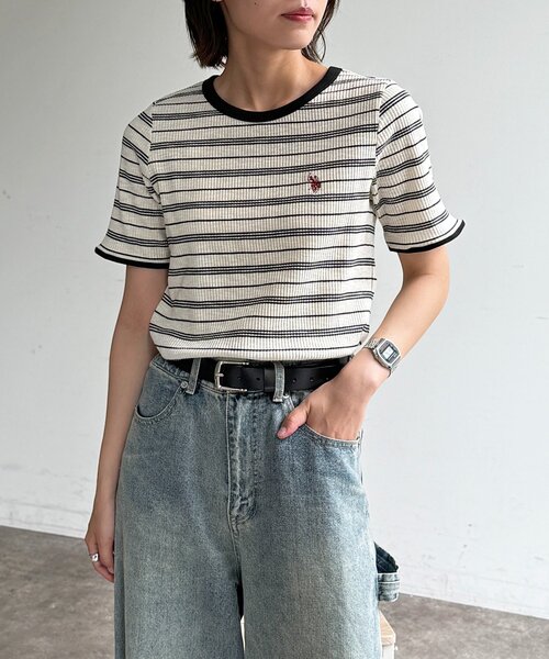U.S. POLO ASSN.(ユーエスポロアッスン)の「クルーネック半袖リブT(Tシャツ/カットソー・レディース・アイボリー/ブラック/ホワイト系その他/ネイビー・FREE)」の3枚目の写真
