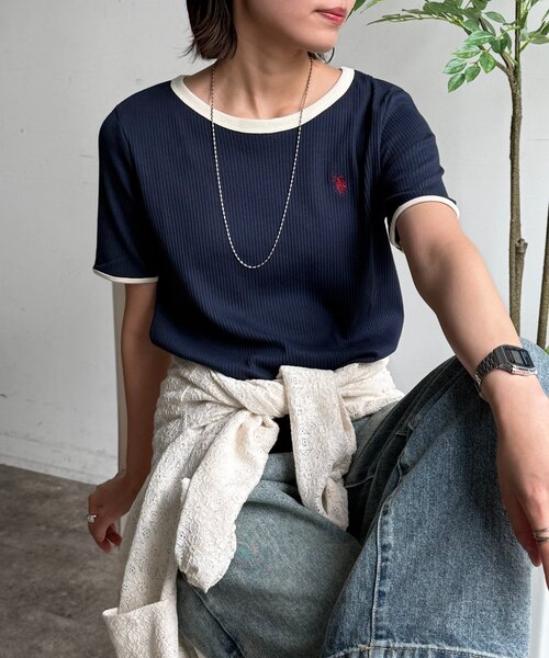 U.S. POLO ASSN.(ユーエスポロアッスン)の「クルーネック半袖リブT(Tシャツ/カットソー・レディース・アイボリー/ブラック/ホワイト系その他/ネイビー・FREE)」の4枚目の写真