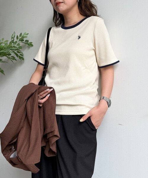 U.S. POLO ASSN.(ユーエスポロアッスン)の「クルーネック半袖リブT(Tシャツ/カットソー・レディース・アイボリー/ブラック/ホワイト系その他/ネイビー・FREE)」の2枚目の写真