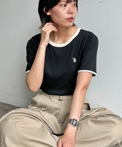 U.S. POLO ASSN.(ユーエスポロアッスン)の「クルーネック半袖リブT(Tシャツ/カットソー・レディース・アイボリー/ブラック/ホワイト系その他/ネイビー・FREE)」の1枚目の写真