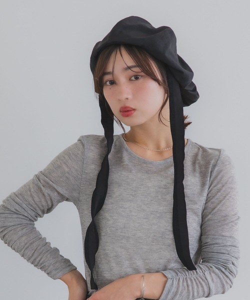 polcadot（ポルカドット）の「ナチュラルリボンベレー帽 / バブーシュカ風・接触冷感・サイズ調整可能・2WAY（ハンチング/ベレー帽・レディース・ベージュ/アイボリー/ブラック・FREE）」の22枚目の写真