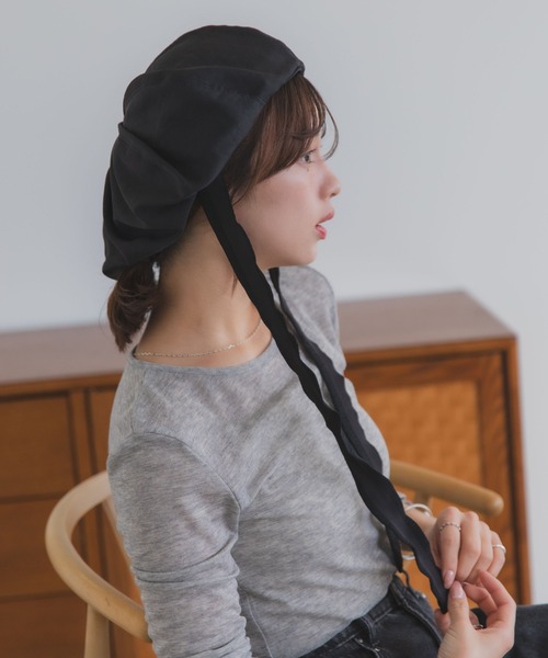polcadot（ポルカドット）の「ナチュラルリボンベレー帽 / バブーシュカ風・接触冷感・サイズ調整可能・2WAY（ハンチング/ベレー帽・レディース・ベージュ/アイボリー/ブラック・FREE）」の20枚目の写真