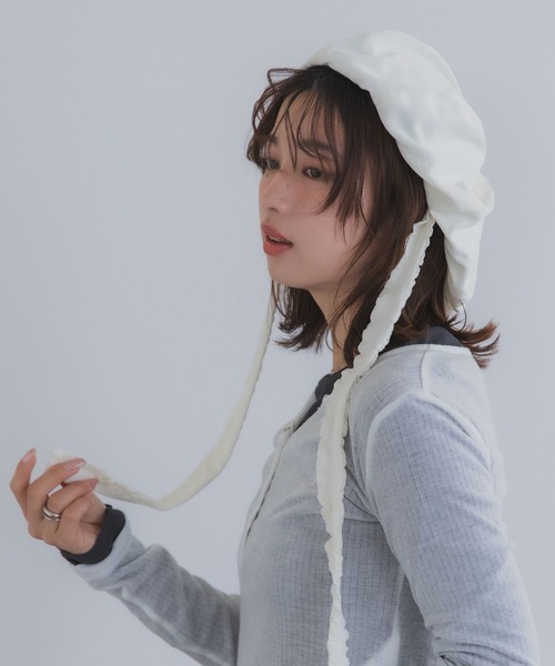polcadot（ポルカドット）の「ナチュラルリボンベレー帽 / バブーシュカ風・接触冷感・サイズ調整可能・2WAY（ハンチング/ベレー帽・レディース・ベージュ/アイボリー/ブラック・FREE）」の12枚目の写真