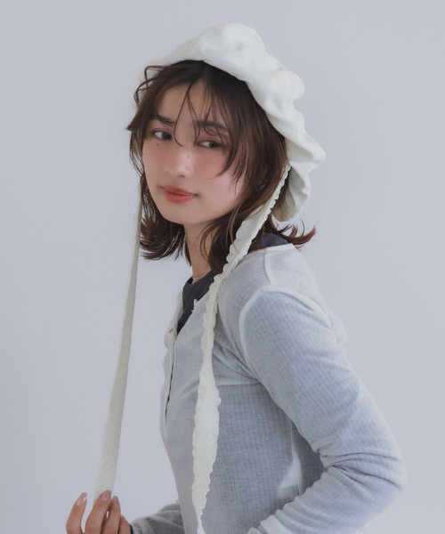 polcadot（ポルカドット）の「ナチュラルリボンベレー帽 / バブーシュカ風・接触冷感・サイズ調整可能・2WAY（ハンチング/ベレー帽・レディース・ベージュ/アイボリー/ブラック・FREE）」の13枚目の写真