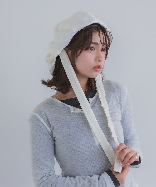 polcadot（ポルカドット）の「ナチュラルリボンベレー帽 / バブーシュカ風・接触冷感・サイズ調整可能・2WAY（ハンチング/ベレー帽・レディース・ベージュ/アイボリー/ブラック・FREE）」の8枚目の写真