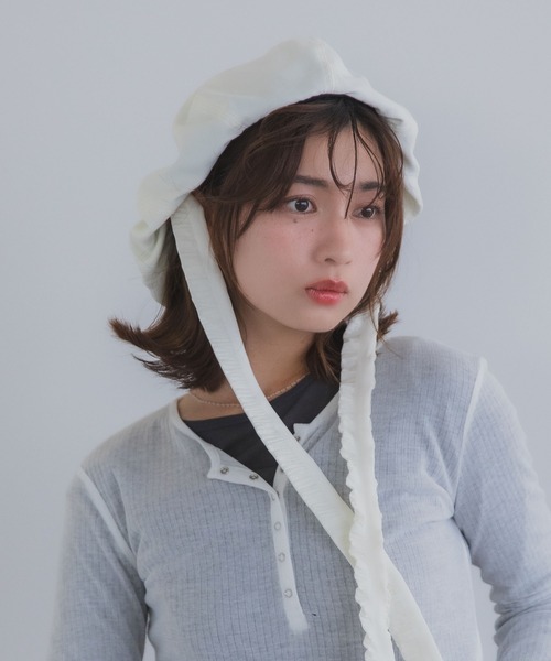 polcadot（ポルカドット）の「ナチュラルリボンベレー帽 / バブーシュカ風・接触冷感・サイズ調整可能・2WAY（ハンチング/ベレー帽・レディース・ベージュ/アイボリー/ブラック・FREE）」の7枚目の写真
