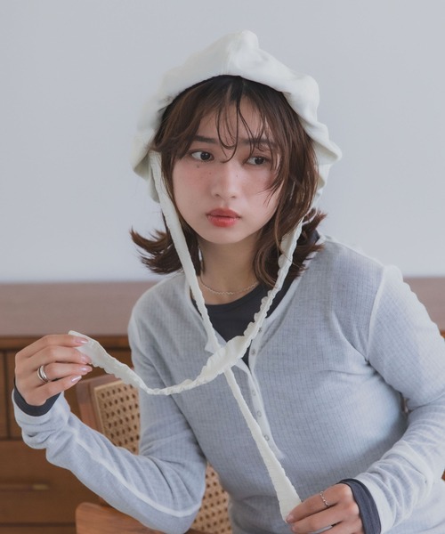 polcadot（ポルカドット）の「ナチュラルリボンベレー帽 / バブーシュカ風・接触冷感・サイズ調整可能・2WAY（ハンチング/ベレー帽・レディース・ベージュ/アイボリー/ブラック・FREE）」の6枚目の写真