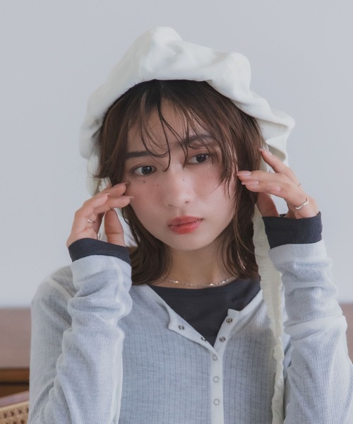polcadot（ポルカドット）の「ナチュラルリボンベレー帽 / バブーシュカ風・接触冷感・サイズ調整可能・2WAY（ハンチング/ベレー帽・レディース・ベージュ/アイボリー/ブラック・FREE）」の5枚目の写真