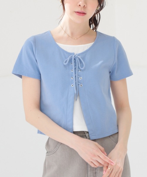 Honeys(ハニーズ)の「レイヤード風トップス(Tシャツ/カットソー・レディース・アイボリー/サックスブルー/ブラック/杢グレー・L/M/S)」の4枚目の写真