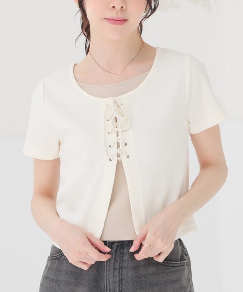 Honeys(ハニーズ)の「レイヤード風トップス(Tシャツ/カットソー・レディース・アイボリー/サックスブルー/ブラック/杢グレー・L/M/S)」の1枚目の写真
