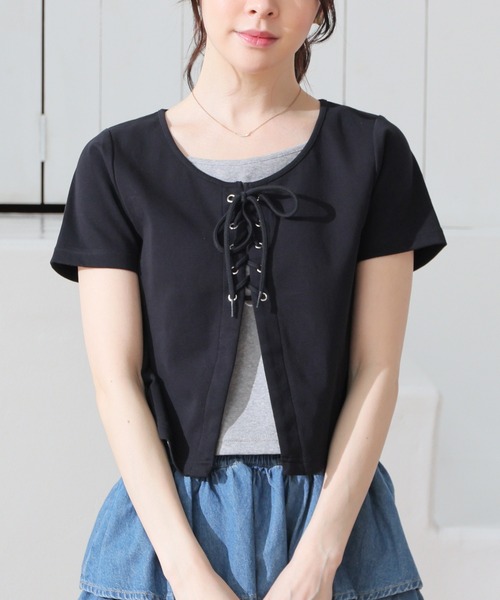 Honeys(ハニーズ)の「レイヤード風トップス(Tシャツ/カットソー・レディース・アイボリー/サックスブルー/ブラック/杢グレー・L/M/S)」の2枚目の写真