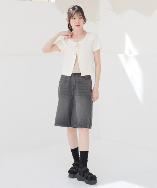 Honeys(ハニーズ)の「レイヤード風トップス(Tシャツ/カットソー・レディース・アイボリー/サックスブルー/ブラック/杢グレー・L/M/S)」の5枚目の写真