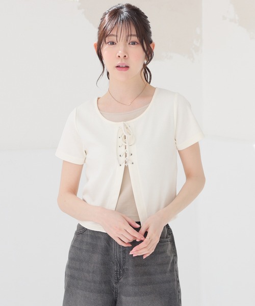 Honeys(ハニーズ)の「レイヤード風トップス(Tシャツ/カットソー・レディース・アイボリー/サックスブルー/ブラック/杢グレー・L/M/S)」の6枚目の写真