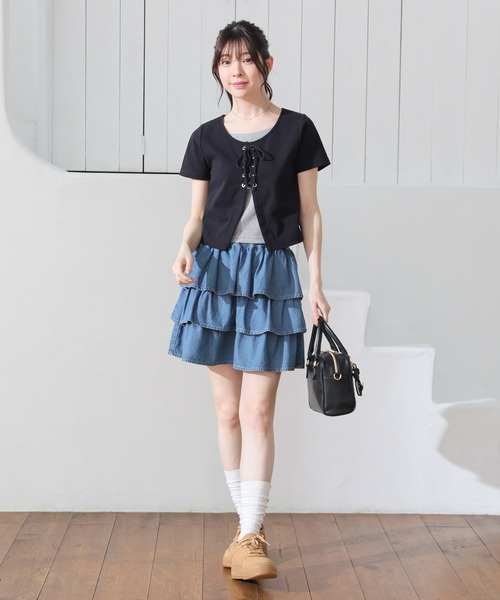 Honeys(ハニーズ)の「レイヤード風トップス(Tシャツ/カットソー・レディース・アイボリー/サックスブルー/ブラック/杢グレー・L/M/S)」の8枚目の写真