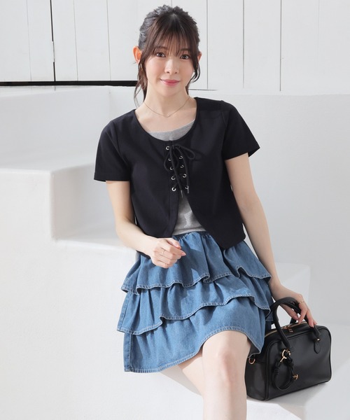 Honeys(ハニーズ)の「レイヤード風トップス(Tシャツ/カットソー・レディース・アイボリー/サックスブルー/ブラック/杢グレー・L/M/S)」の9枚目の写真