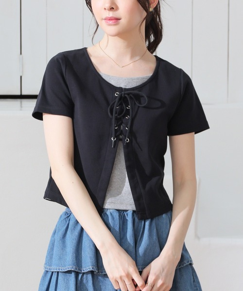 Honeys(ハニーズ)の「レイヤード風トップス(Tシャツ/カットソー・レディース・アイボリー/サックスブルー/ブラック/杢グレー・L/M/S)」の10枚目の写真