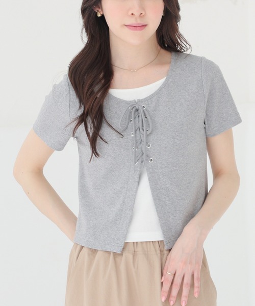 Honeys(ハニーズ)の「レイヤード風トップス(Tシャツ/カットソー・レディース・アイボリー/サックスブルー/ブラック/杢グレー・L/M/S)」の15枚目の写真