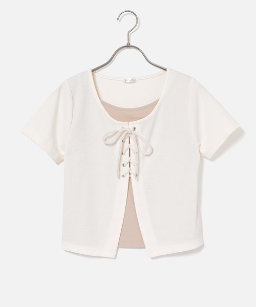 Honeys(ハニーズ)の「レイヤード風トップス(Tシャツ/カットソー・レディース・アイボリー/サックスブルー/ブラック/杢グレー・L/M/S)」の16枚目の写真