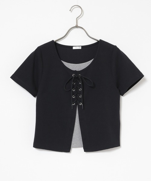 Honeys(ハニーズ)の「レイヤード風トップス(Tシャツ/カットソー・レディース・アイボリー/サックスブルー/ブラック/杢グレー・L/M/S)」の18枚目の写真