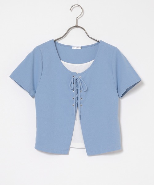 Honeys(ハニーズ)の「レイヤード風トップス(Tシャツ/カットソー・レディース・アイボリー/サックスブルー/ブラック/杢グレー・L/M/S)」の20枚目の写真