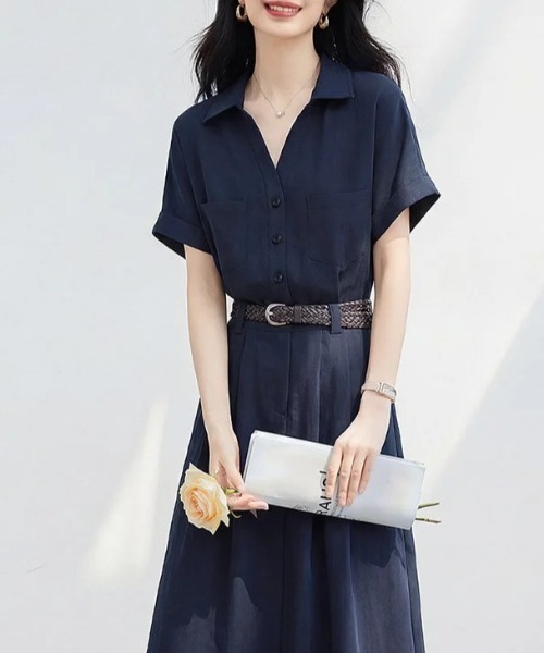 AMAJI（アマジ）の「シャツカラー 半袖 ウエスト切替 フレアワンピース（ワンピース・レディース・ネイビー・SMALL/MEDIUM/LARGE/X-LARGE）」の3枚目の写真