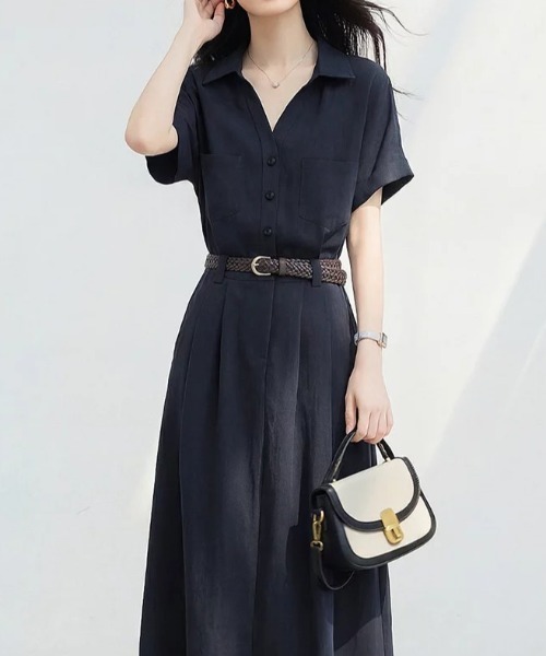 AMAJI（アマジ）の「シャツカラー 半袖 ウエスト切替 フレアワンピース（ワンピース・レディース・ネイビー・SMALL/MEDIUM/LARGE/X-LARGE）」の4枚目の写真