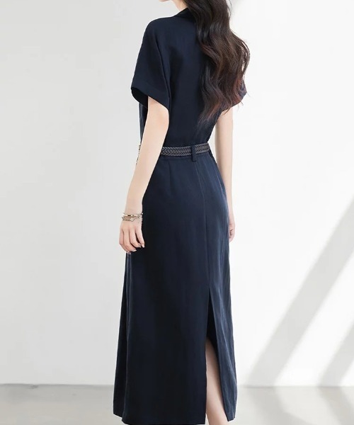 AMAJI（アマジ）の「シャツカラー 半袖 ウエスト切替 フレアワンピース（ワンピース・レディース・ネイビー・SMALL/MEDIUM/LARGE/X-LARGE）」の5枚目の写真