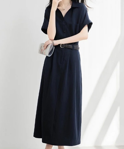 AMAJI（アマジ）の「シャツカラー 半袖 ウエスト切替 フレアワンピース（ワンピース・レディース・ネイビー・SMALL/MEDIUM/LARGE/X-LARGE）」の6枚目の写真