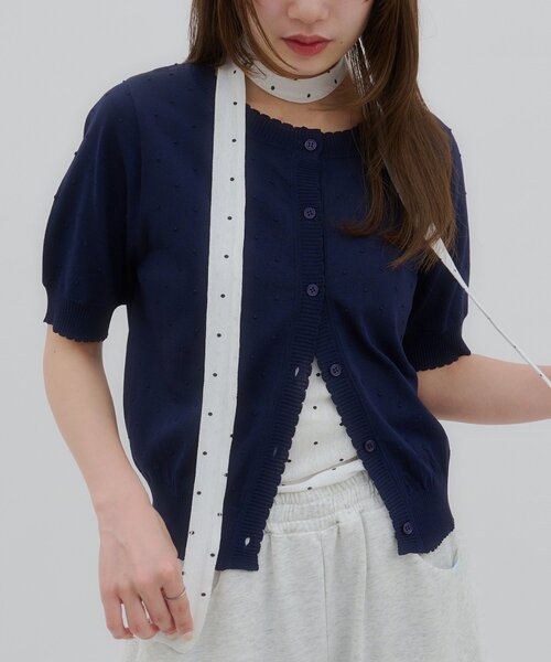 DISCOAT（ディスコート）の「【umm.】ドットジャガードスカラップ半袖カーディガン（カーディガン/ボレロ・レディース・ネイビー/オフホワイト/サックスブルー・FREE）」の2枚目の写真