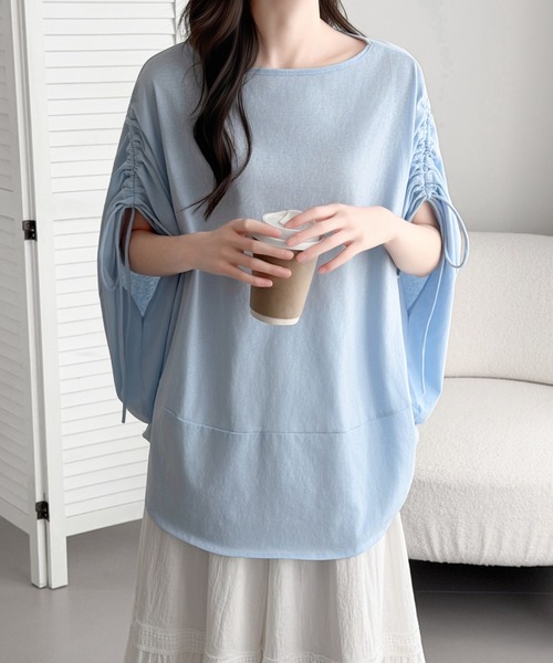 ABITOKYO(アビトーキョー)の「袖ドロストギャザードルマンポンチョプルオーバー(Tシャツ/カットソー・レディース・チャコールグレー/ブルー/ベージュ・FREE)」の6枚目の写真