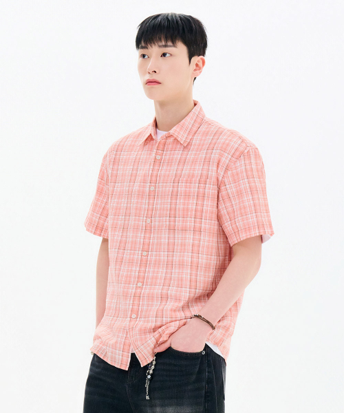 CHASECULT（チェイスカルト）の「男性シアサッカーチェック半袖シャツ-FBRK5522D0K（シャツ/ブラウス・メンズ・オレンジ・95/100/105）」の4枚目の写真
