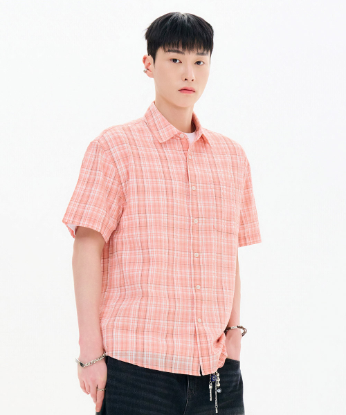 CHASECULT（チェイスカルト）の「男性シアサッカーチェック半袖シャツ-FBRK5522D0K（シャツ/ブラウス・メンズ・オレンジ・95/100/105）」の5枚目の写真
