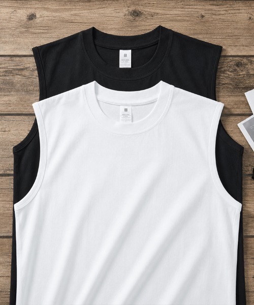 CLOTHY(クロシィ)の「【綿100%の快適な着心地】メンズ コットン100 ノースリーブ Tシャツ(タンクトップ・メンズ・ブラック/オフホワイト・LARGE/MEDIUM)」の14枚目の写真