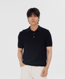 MAKEITTO（メイキット）の「ストライプテクスチャーカラーニット半袖Tシャツ_ブラック（ポロシャツ）」