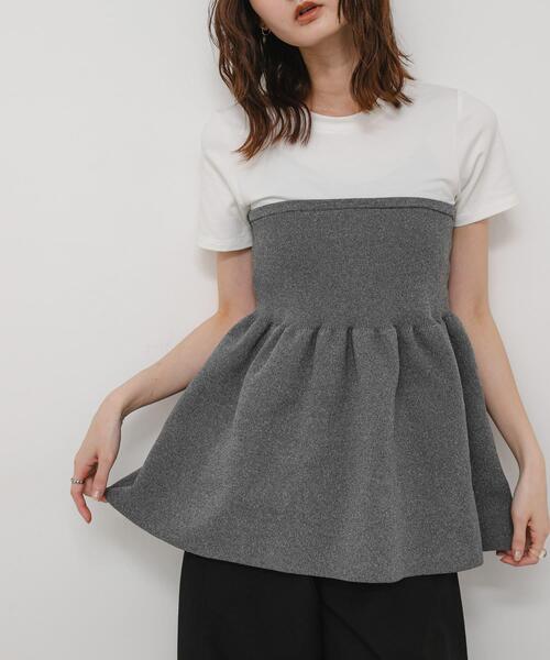 SENSE OF PLACE by URBAN RESEARCH(センスオブプレイスバイアーバンリサーチ)の「異素材コンビ半袖ペプラムプルオーバー(Tシャツ/カットソー・レディース・グレー系その他・ONE)」の1枚目の写真